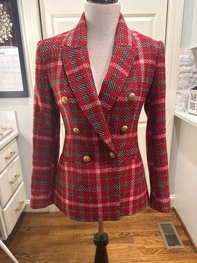ZARA RED DOUBKE BREASTED PLAID CHECKED JACKET BLAZER COAT SIZE MEDIUM